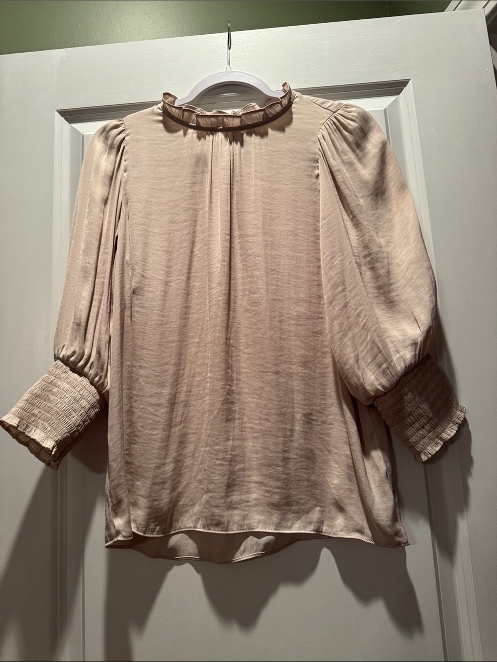 Women's Light Tan Ruffled Neck Puff-Sleeve Blouse
